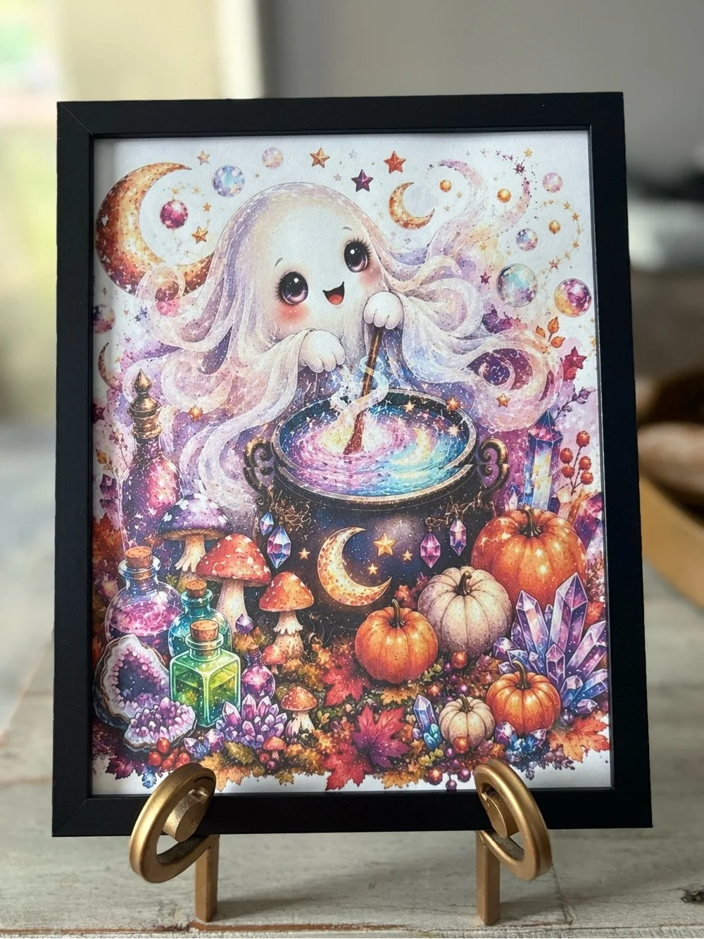 Whimsical Ghost Cauldron Framed 8x10 Art Print - Purple & Orange